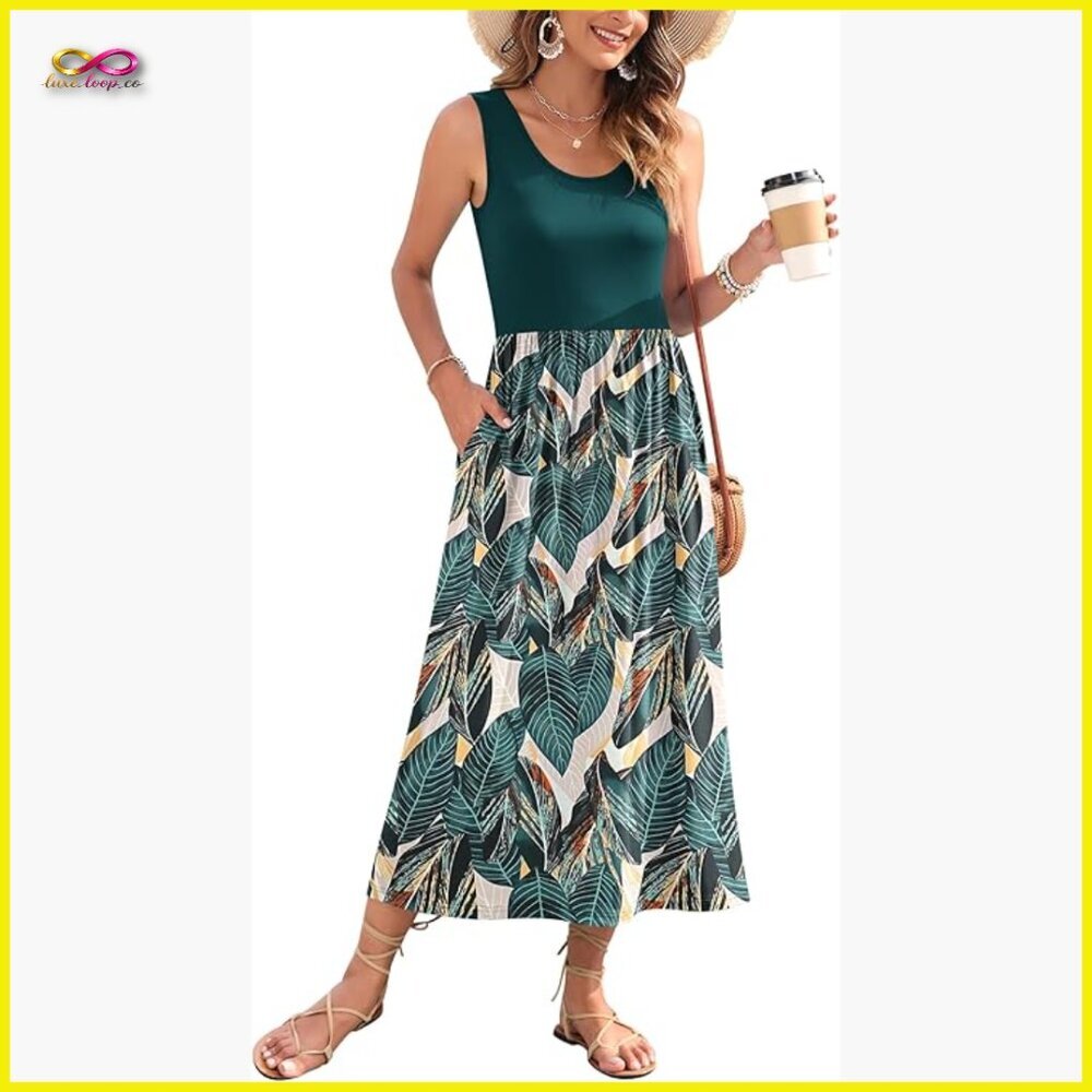 Sleeveless Maxi Dress Casual Flowy A-Line Beach Vacation Sundress with Pockets